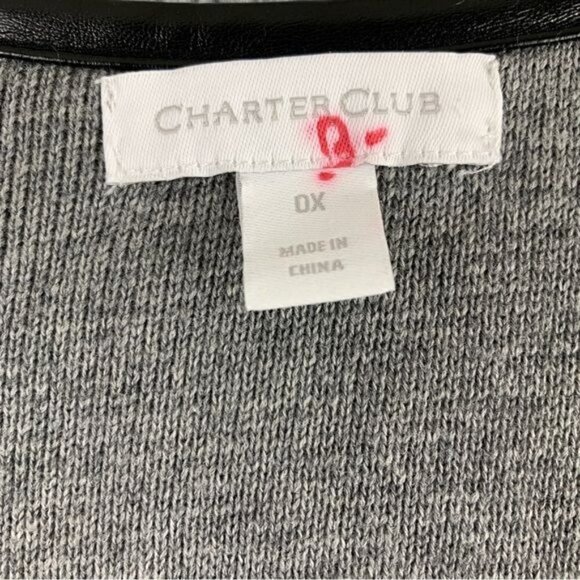 Charter Club Color Block Open Cardigan w/Faux Leather Trim- Heather/Onyx, Sz 0X - Picture 4 of 8